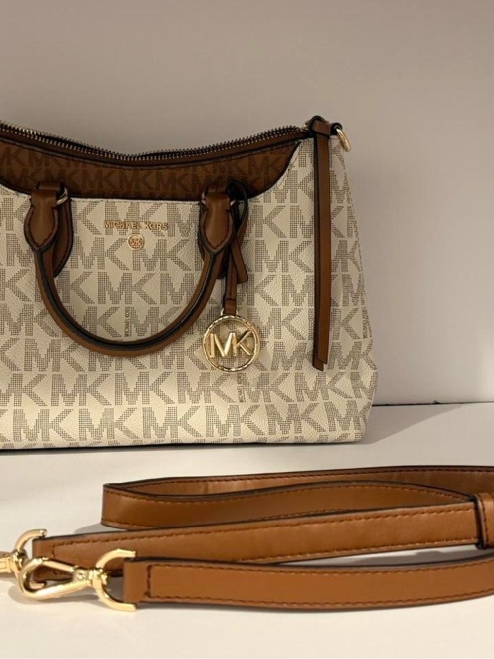 Michael Kors Cream and Brown Logo Satchel with Gold MK Charm - Picture 5 of 6